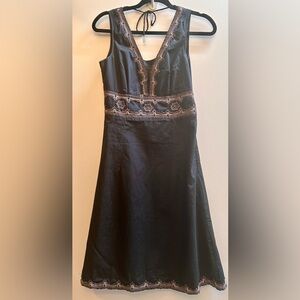 Vera Moda Casa Knee Elegant Black Dress with Embroidered Lace & Jewel Trim